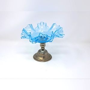 Blue Glass Ruffled Edge Business Card Bowl With Silver Toned Base